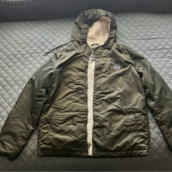 Kids Olive Green Jacket Faux Fur Hooded Sherpa Lined Nylon  size S